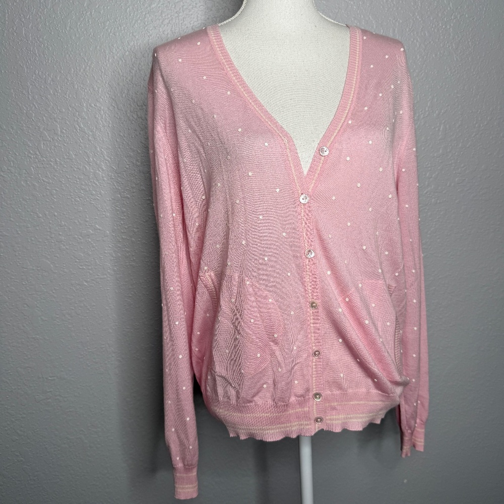 Escada Light pink & white‎ polk a dot Cardigan button up sweater -cp